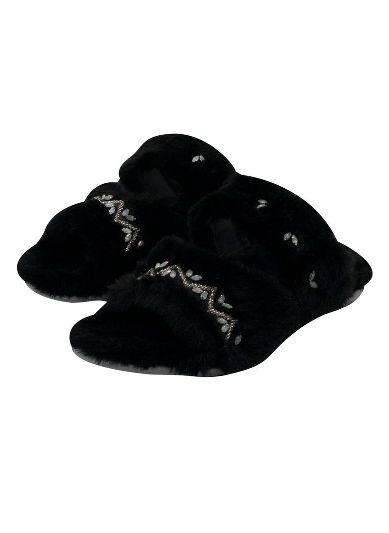 The Myla Black Luxury Plush Diamanté Embellished Handmade Slipper