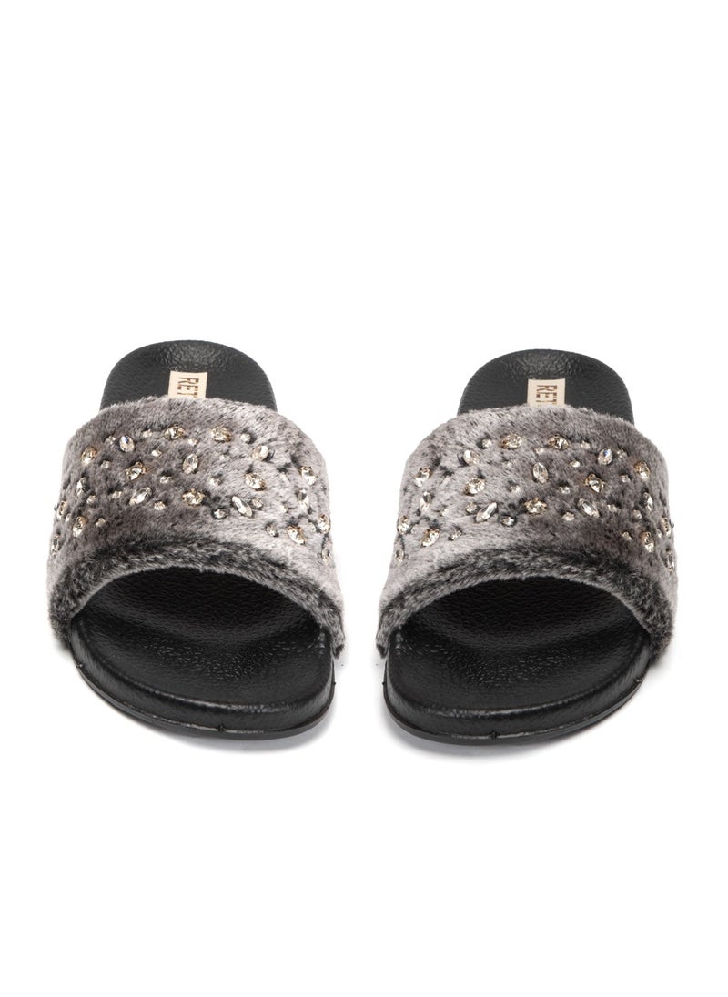 Sienna Charcoal Luxury Plush Diamanté Embellished Handmade Sliders