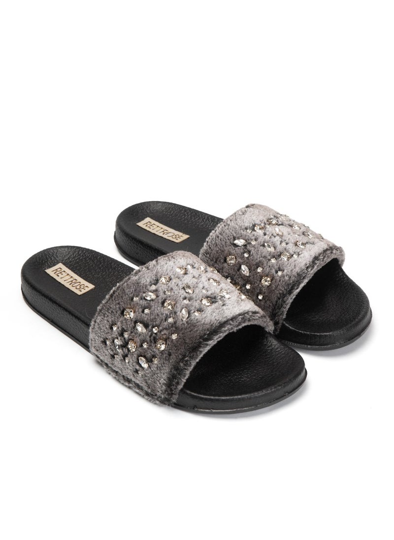 Sienna Charcoal Luxury Plush Diamanté Embellished Handmade Sliders