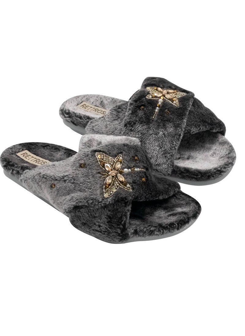The Sofia Charcoal Luxury Plush Diamanté Embellished Handmade Slipper
