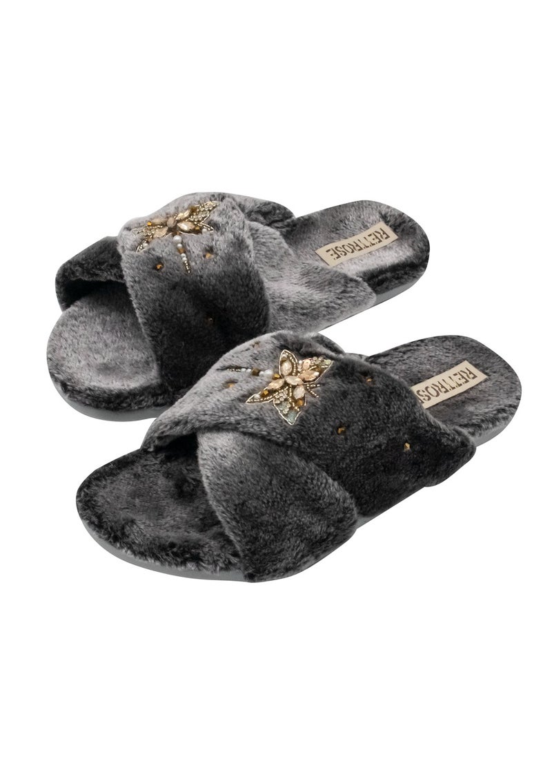 The Sofia Charcoal Luxury Plush Diamanté Embellished Handmade Slipper