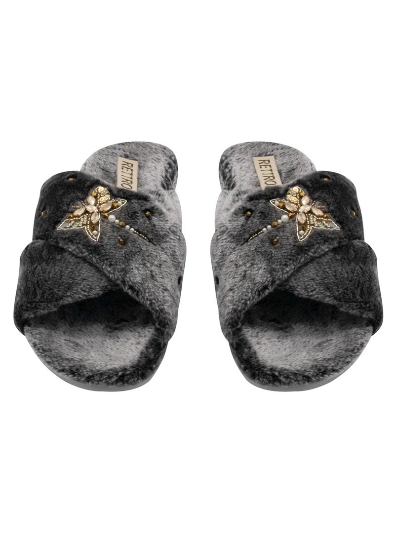 The Sofia Charcoal Luxury Plush Diamanté Embellished Handmade Slipper