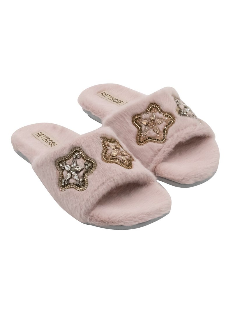 The Bailey Pink Luxury Plush Diamanté Embellished Handmade Slipper