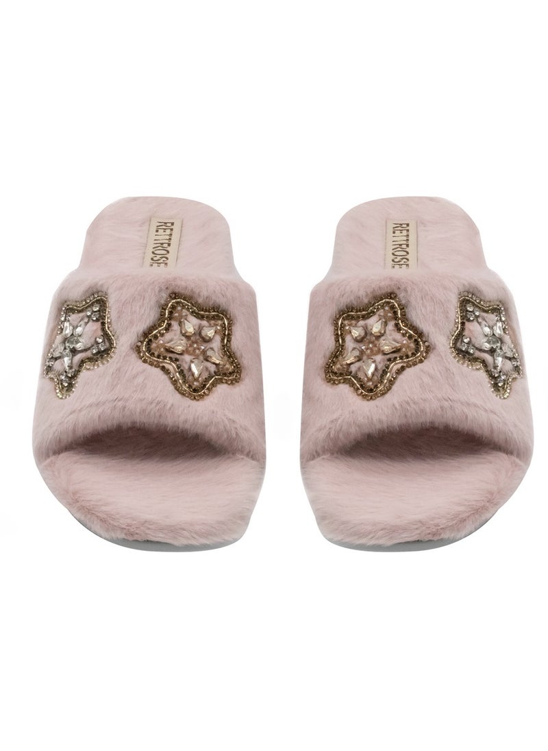 The Bailey Pink Luxury Plush Diamanté Embellished Handmade Slipper