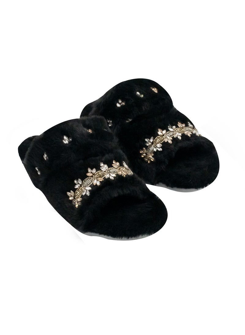 The Faith Black Luxury Plush Diamanté Embellished Handmade Slipper