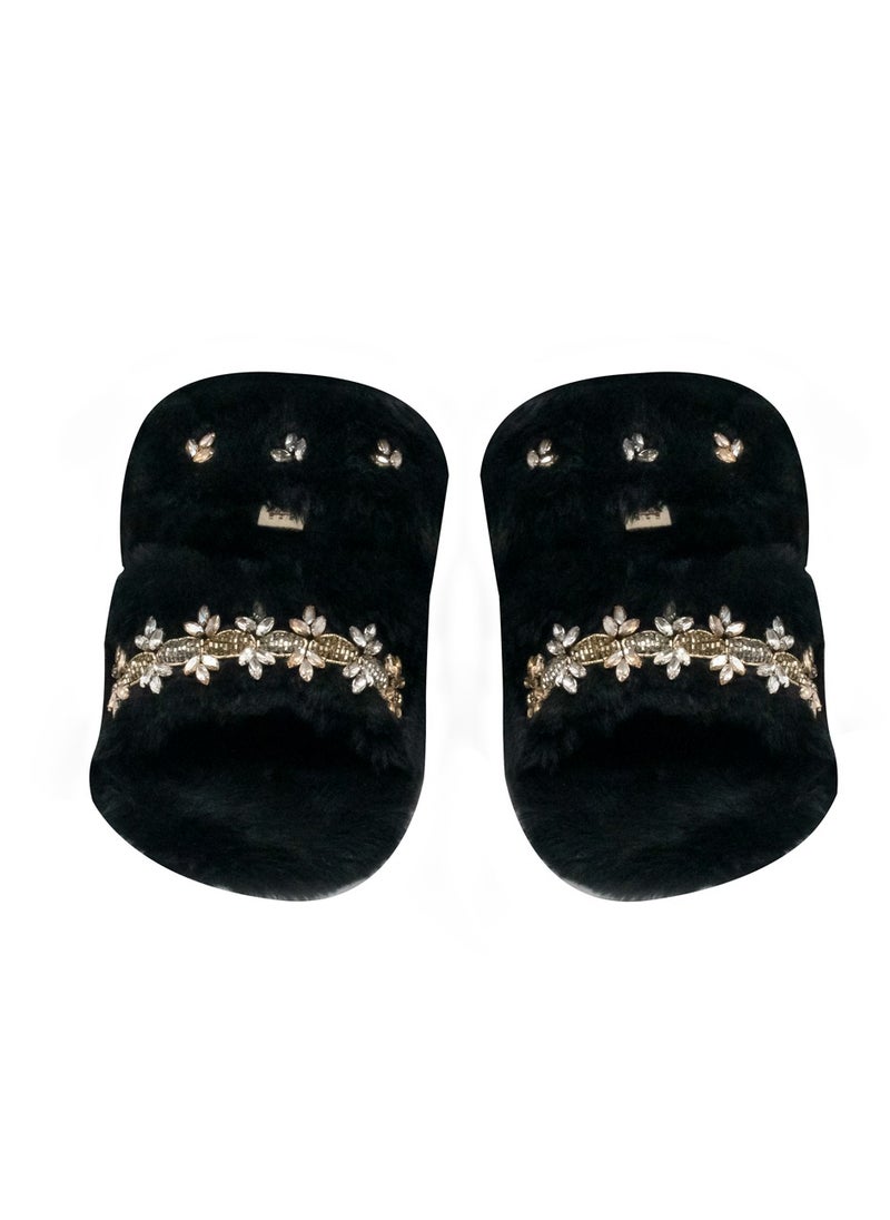 The Faith Black Luxury Plush Diamanté Embellished Handmade Slipper
