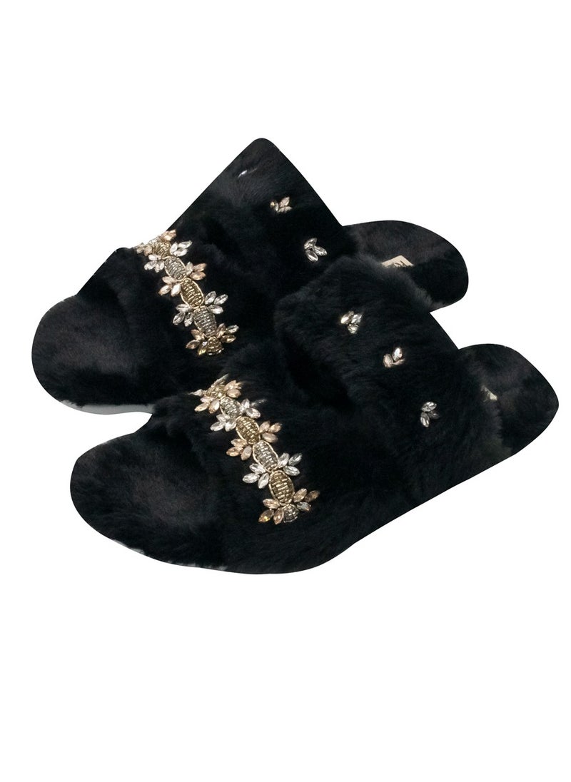 The Faith Black Luxury Plush Diamanté Embellished Handmade Slipper