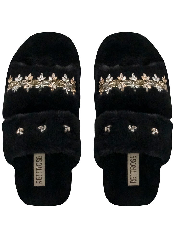 The Faith Black Luxury Plush Diamanté Embellished Handmade Slipper