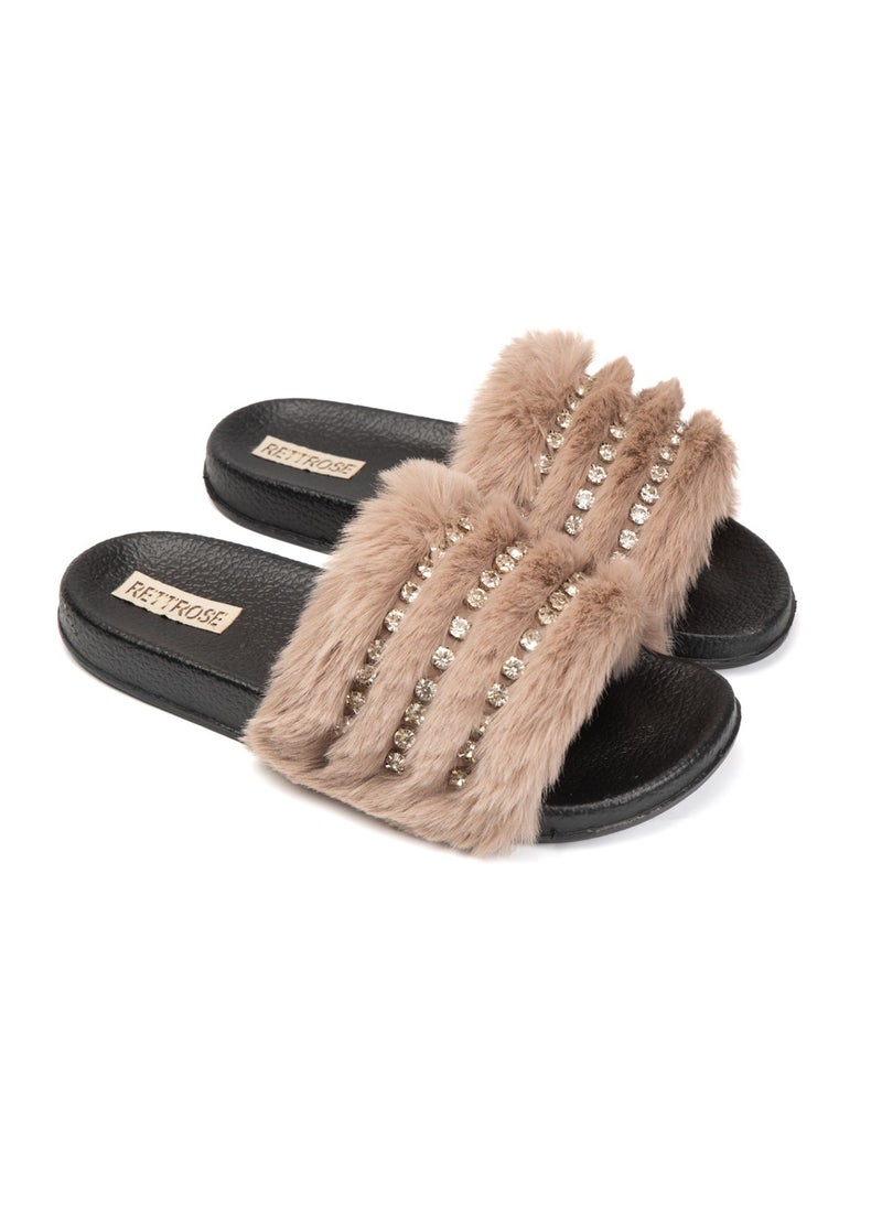 Anita Mink Luxury Plush Diamanté Embellished Handmade Sliders