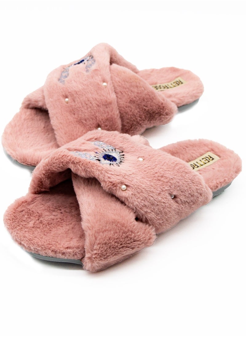 The Amaya Nude Luxury Plush Diamanté Embellished Handmade Slipper