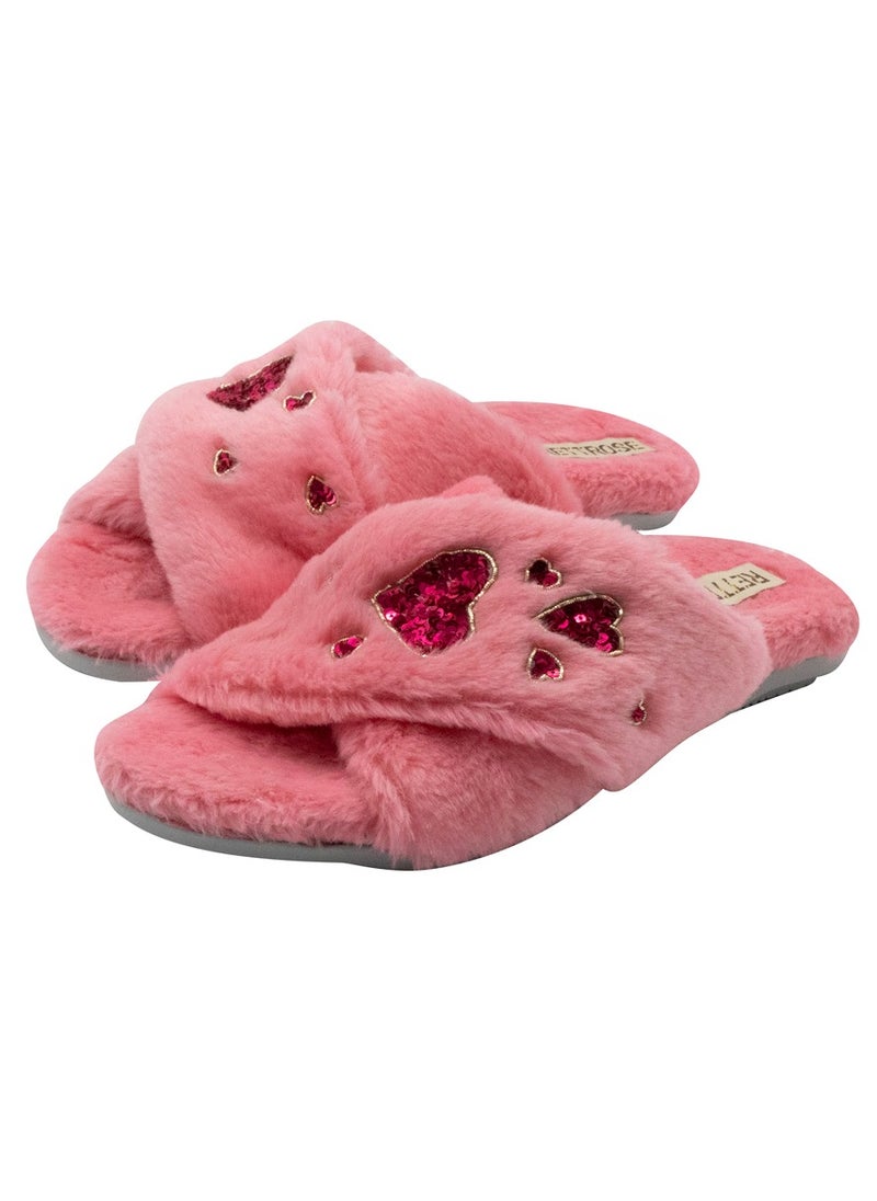 RETTROSE Kaylee Pink Women’s Luxury Slippers – Plush Faux Fur Handmade Slippers with Diamanté Heart Embellishment