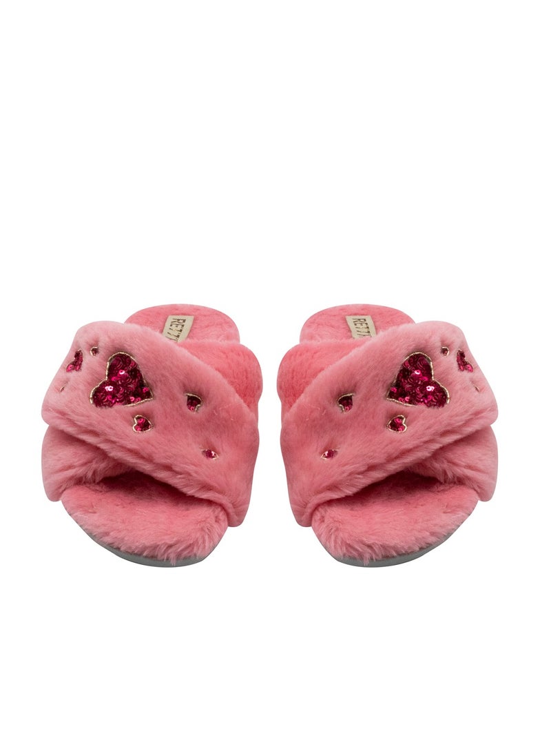 RETTROSE Kaylee Pink Women’s Luxury Slippers – Plush Faux Fur Handmade Slippers with Diamanté Heart Embellishment
