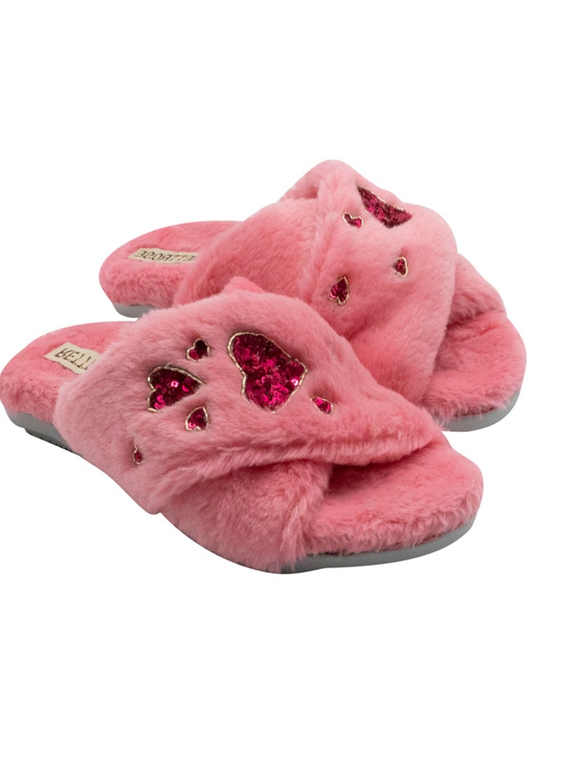 RETTROSE Kaylee Pink Women’s Luxury Slippers – Plush Faux Fur Handmade Slippers with Diamanté Heart Embellishment