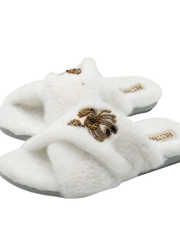 The Sophie Cream Luxury Plush Diamanté Embellished Handmade Slipper