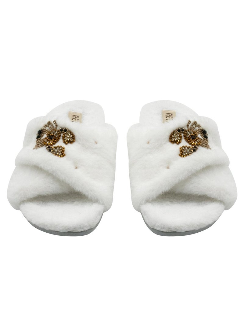 The Sophie Cream Luxury Plush Diamanté Embellished Handmade Slipper