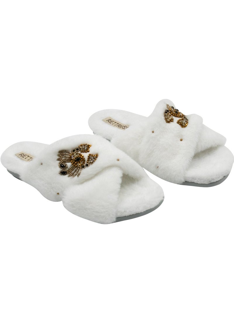 The Sophie Cream Luxury Plush Diamanté Embellished Handmade Slipper