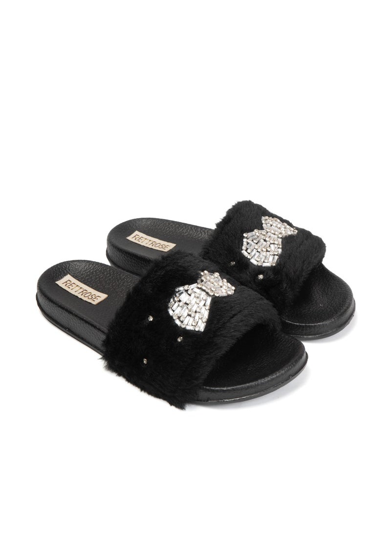 Ava Noir Luxury Plush Diamanté Embellished Handmade Sliders