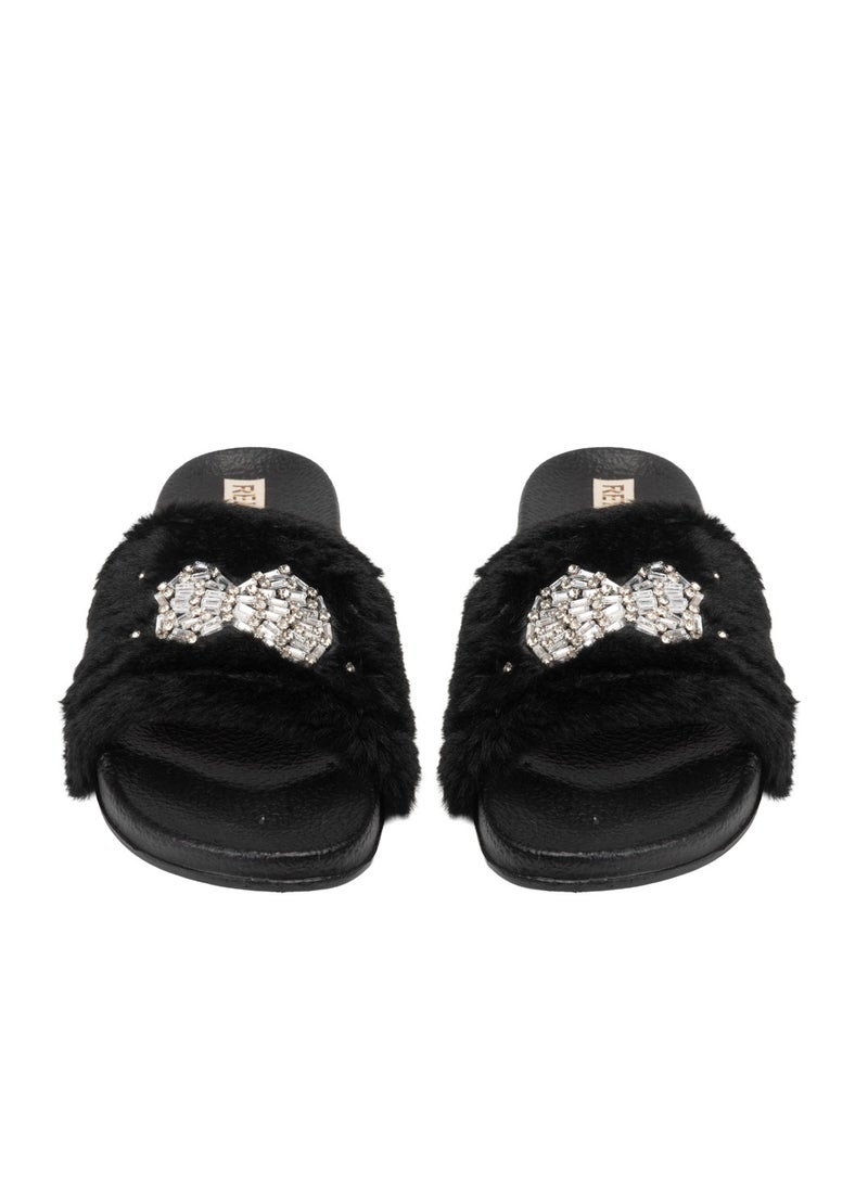 Ava Noir Luxury Plush Diamanté Embellished Handmade Sliders