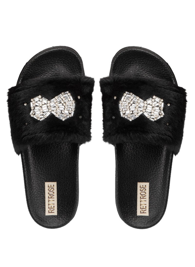 Ava Noir Luxury Plush Diamanté Embellished Handmade Sliders