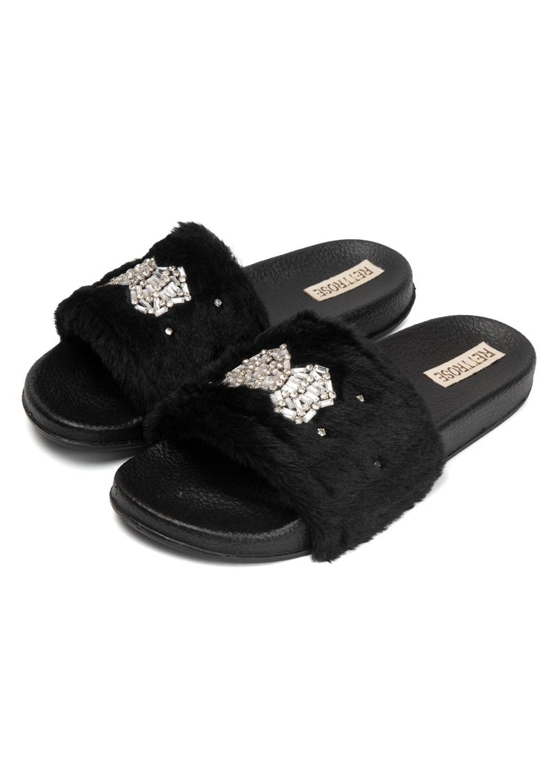 Ava Noir Luxury Plush Diamanté Embellished Handmade Sliders