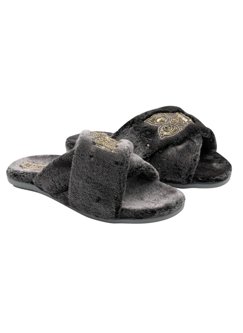 The Georgia Charcoal Luxury Plush Diamanté Embellished Handmade Slipper