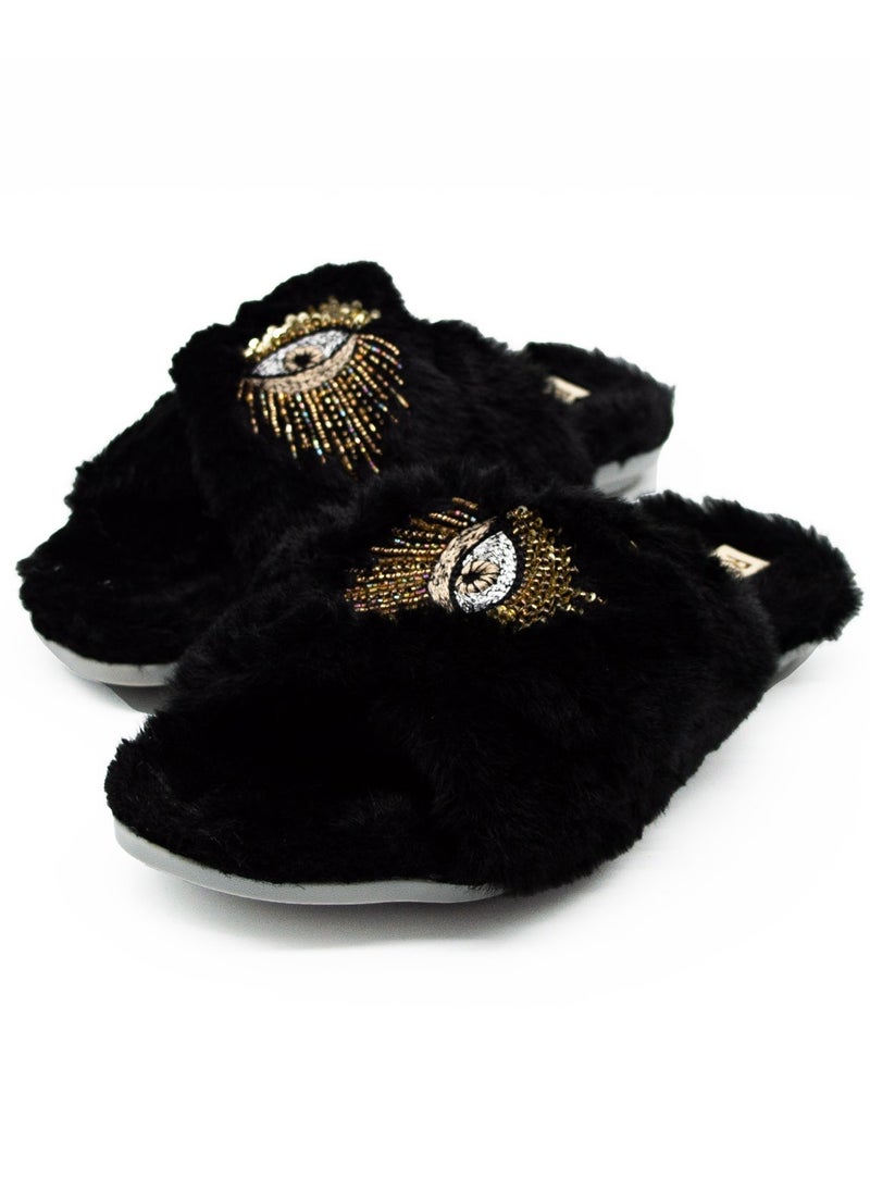 Blake Black Faux Fur Handmade Embellished Women’s Slipper – Luxury Diamanté Bedroom Slippers by RETTROSE