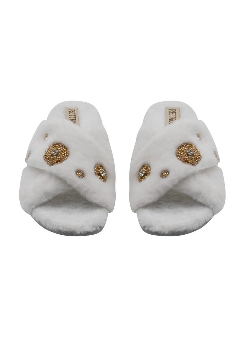 RETTROSE Juliette Women’s Luxury White Slippers – Handmade Faux Fur Plush Indoor Slippers with Diamanté Bow Embellishment | Elegant Lounge Footwear