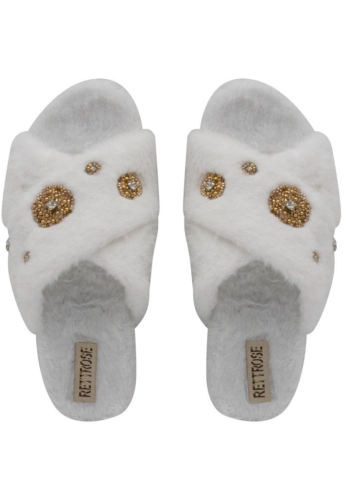 The Juliette Cream Luxury Plush Diamanté Embellished Handmade Slipper