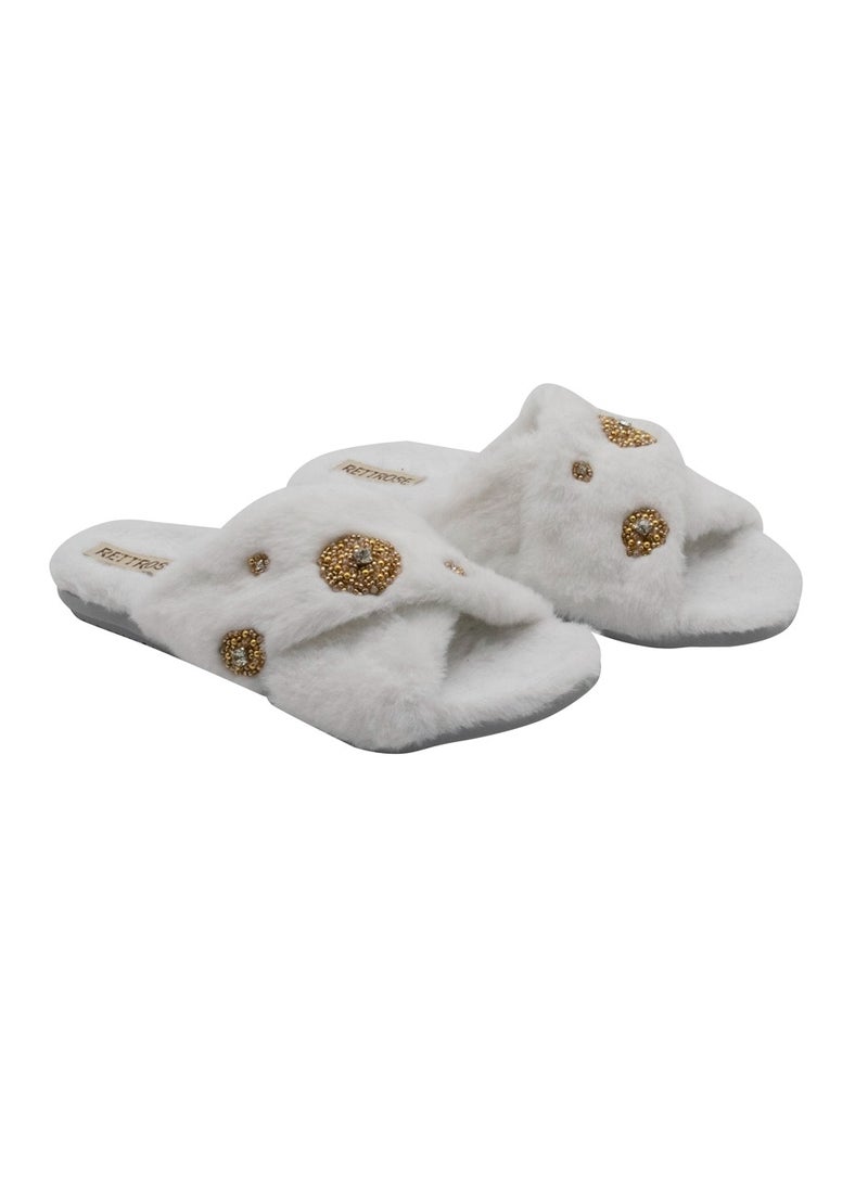 RETTROSE Juliette Women’s Luxury White Slippers – Handmade Faux Fur Plush Indoor Slippers with Diamanté Bow Embellishment | Elegant Lounge Footwear