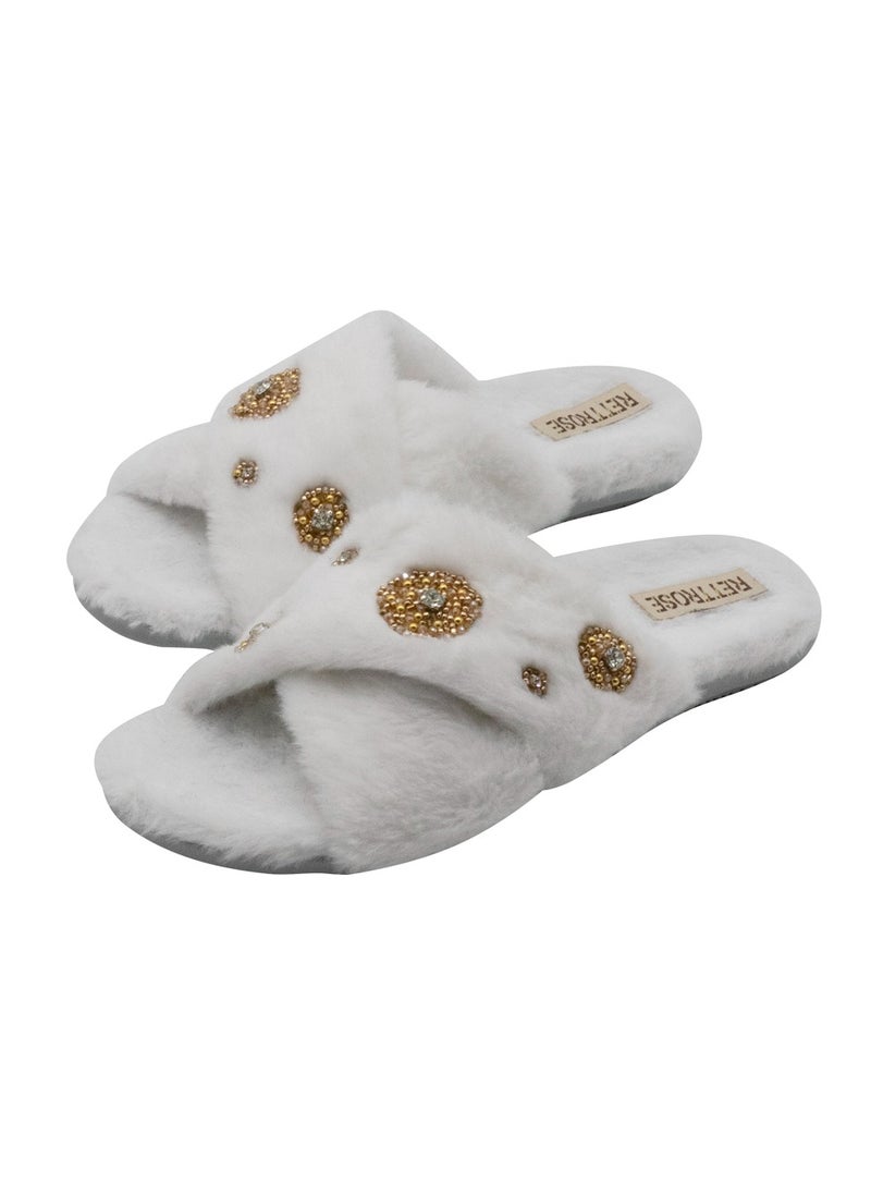 RETTROSE Juliette Women’s Luxury White Slippers – Handmade Faux Fur Plush Indoor Slippers with Diamanté Bow Embellishment | Elegant Lounge Footwear