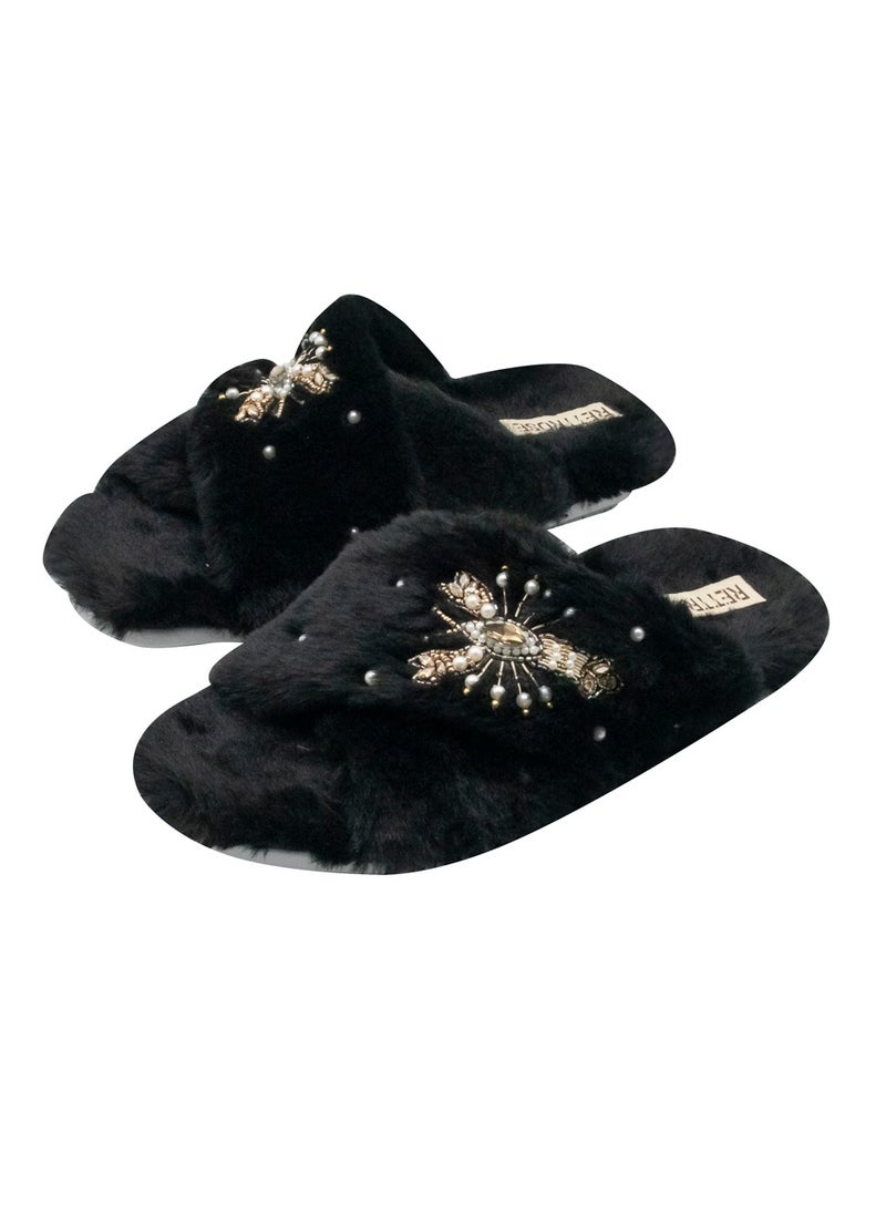 The Anastasia Black Luxury Plush Diamanté Embellished Handmade Slipper