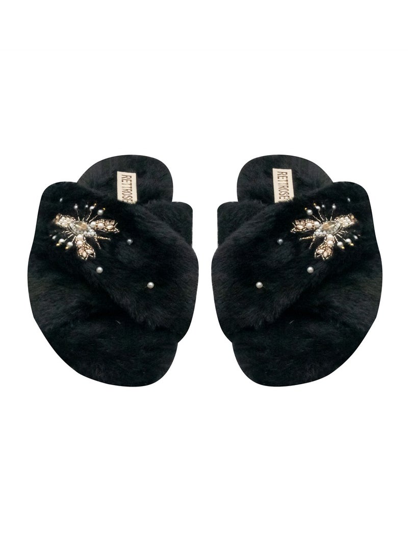 The Anastasia Black Luxury Plush Diamanté Embellished Handmade Slipper