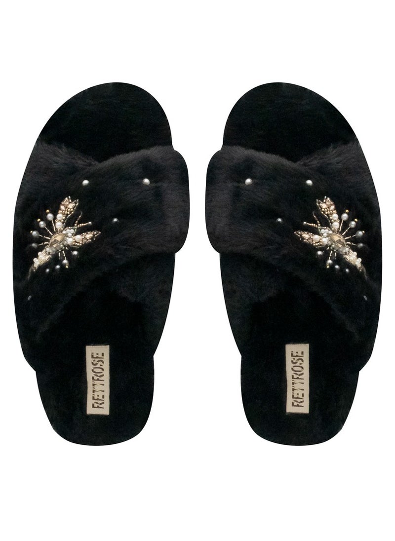 The Anastasia Black Luxury Plush Diamanté Embellished Handmade Slipper