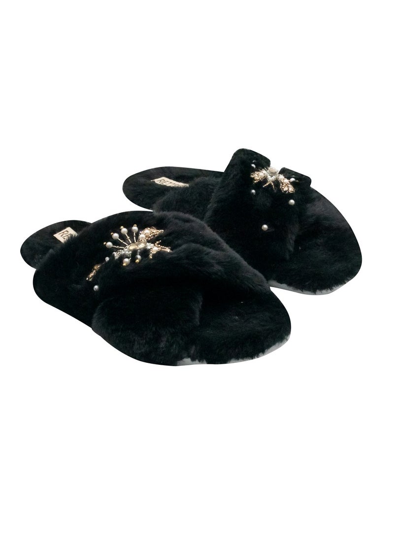 The Anastasia Black Luxury Plush Diamanté Embellished Handmade Slipper