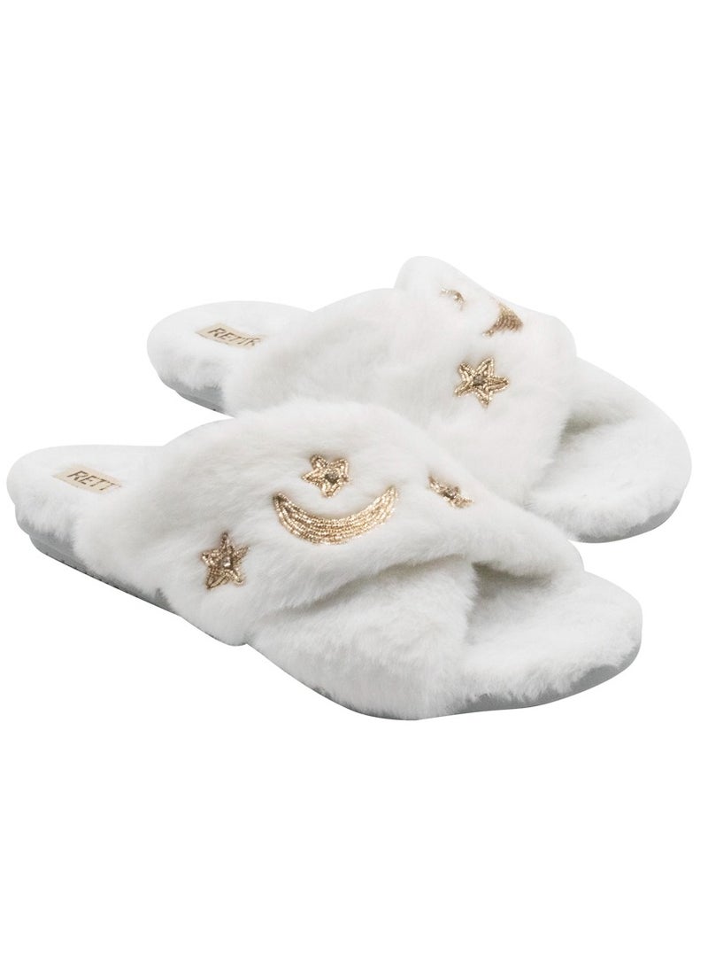 RETTROSE Isabel Women’s White Luxury Faux Fur Slippers – Hand Embellished Star & Moon Diamanté Slides, Synthetic Material