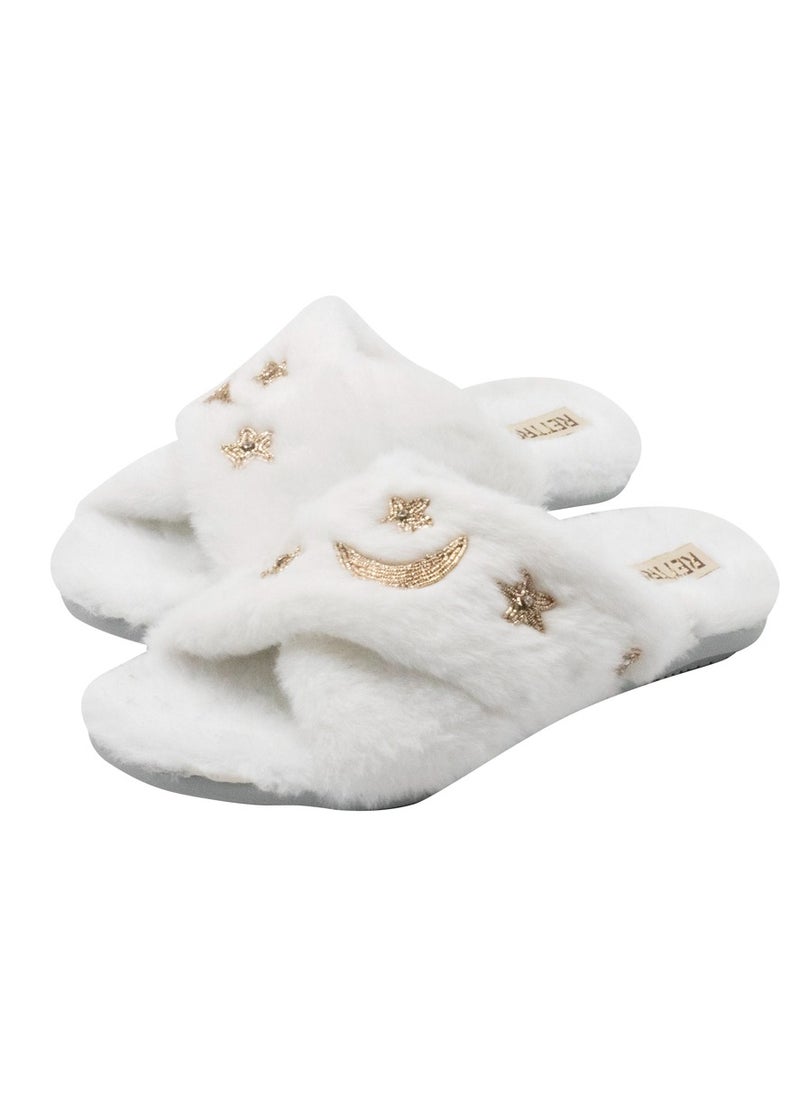 RETTROSE Isabel Women’s White Luxury Faux Fur Slippers – Hand Embellished Star & Moon Diamanté Slides, Synthetic Material