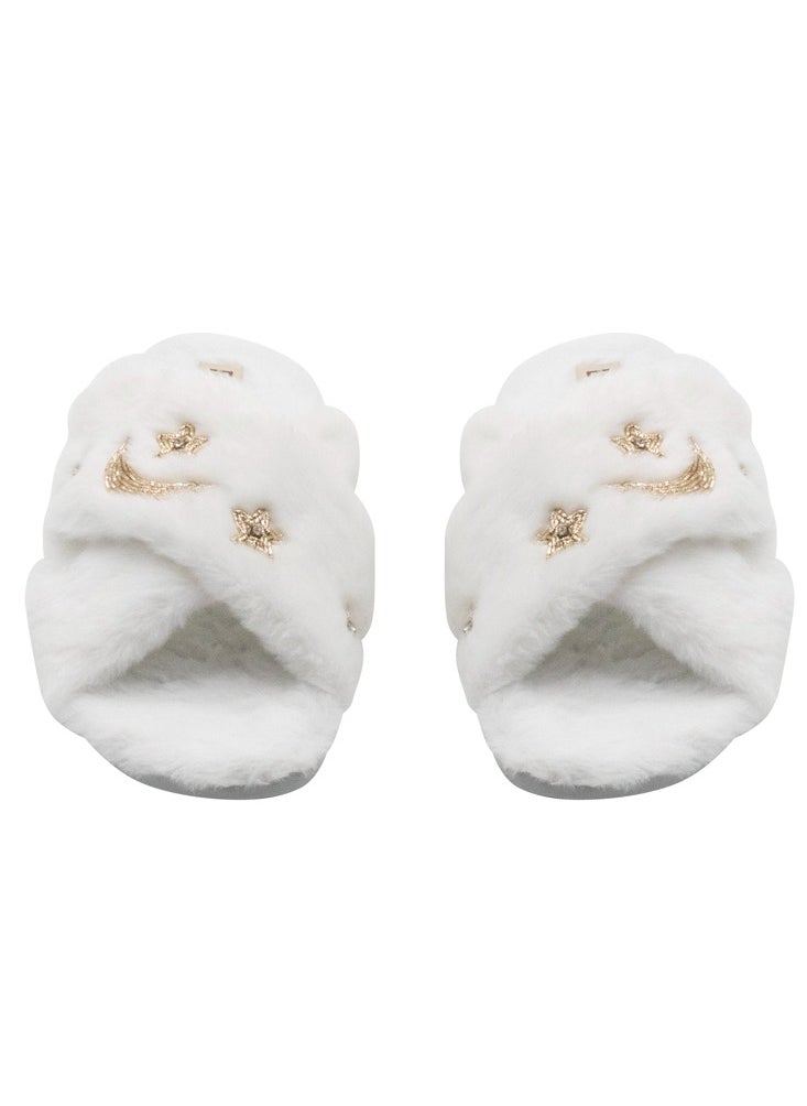 RETTROSE Isabel Women’s White Luxury Faux Fur Slippers – Hand Embellished Star & Moon Diamanté Slides, Synthetic Material