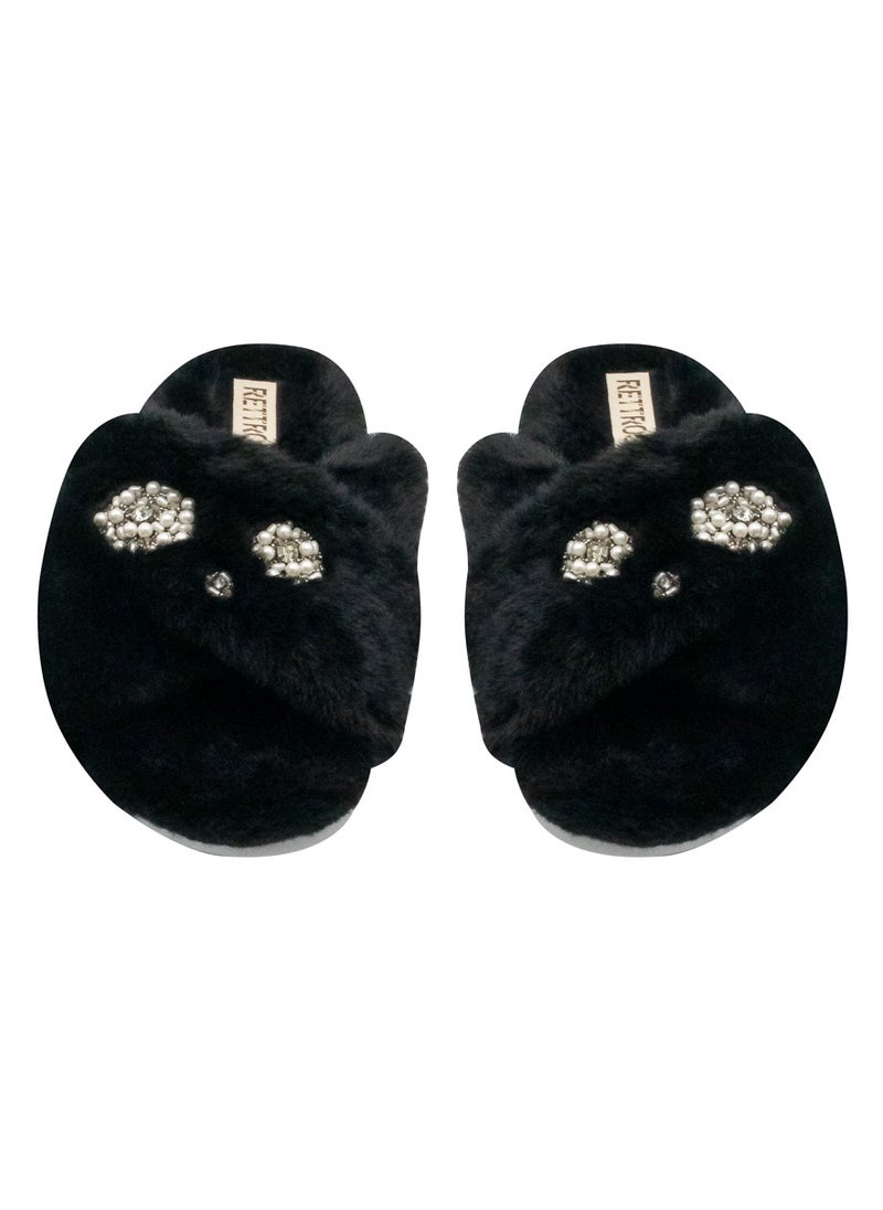 The Juliette Black Luxury Plush Diamanté Embellished Handmade Slipper