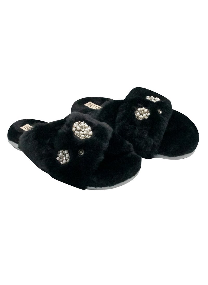 The Juliette Black Luxury Plush Diamanté Embellished Handmade Slipper