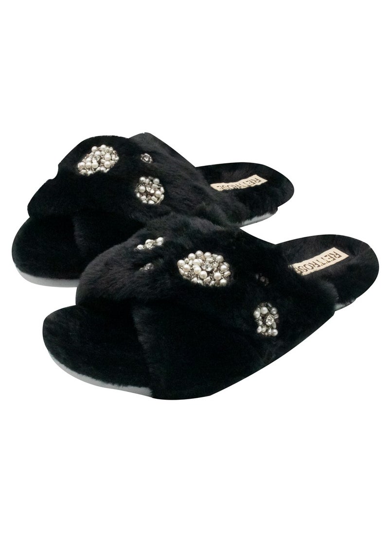 The Juliette Black Luxury Plush Diamanté Embellished Handmade Slipper