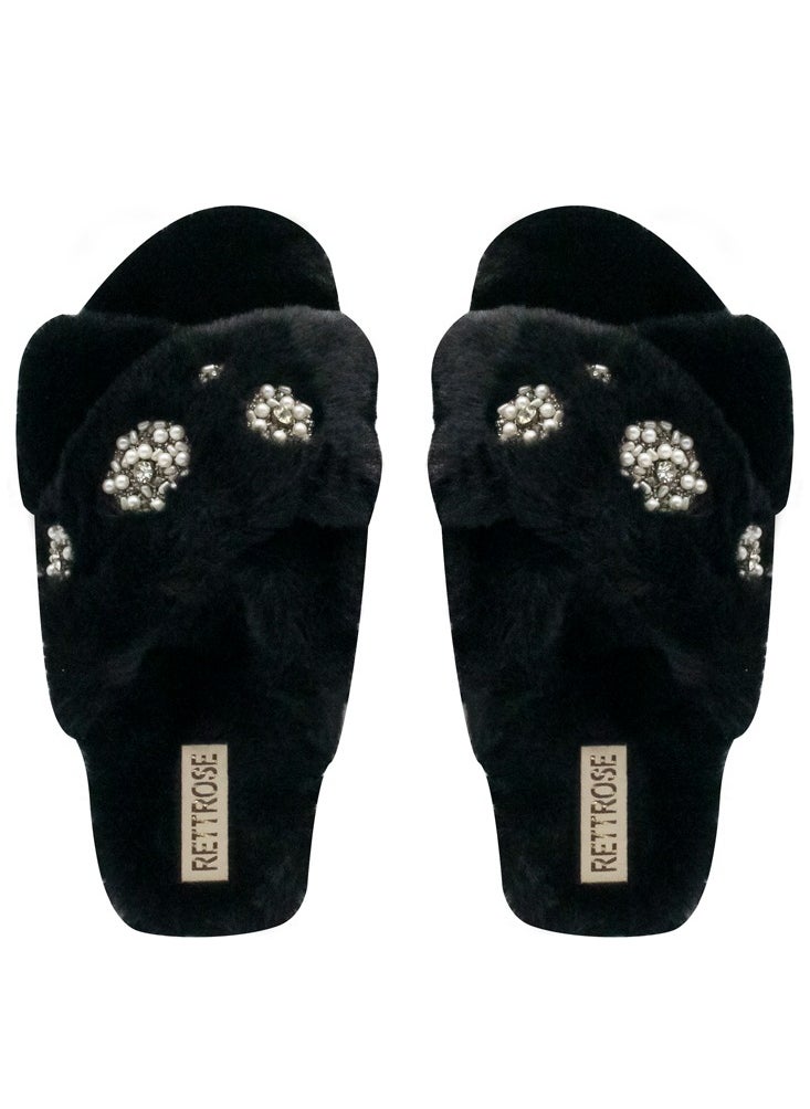 The Juliette Black Luxury Plush Diamanté Embellished Handmade Slipper