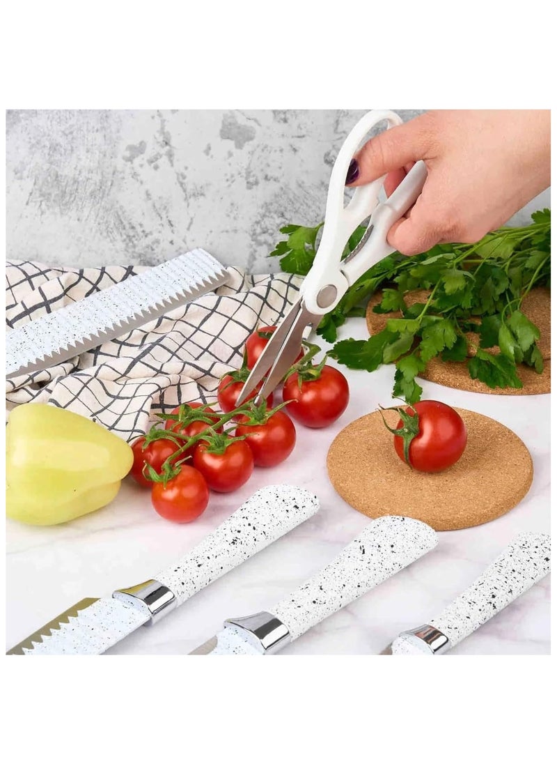 6-Piece Kitchen Knife Set - Stainless Steel Non-Stick Blades, Dotted Handles, Chef & Paring Knives, Peeler, Scissor | Cooking Utensil Gift Box | Ergonomic ABS Handles | Daily Use Cutlery Set