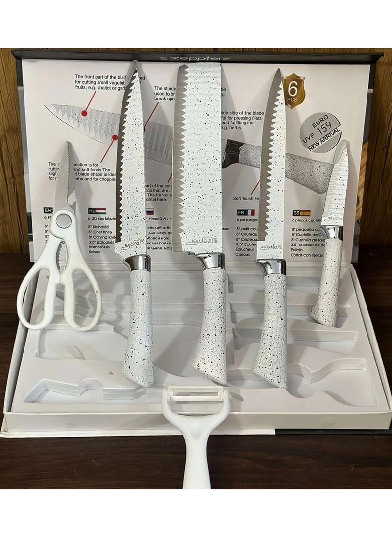 6-Piece Kitchen Knife Set - Stainless Steel Non-Stick Blades, Dotted Handles, Chef & Paring Knives, Peeler, Scissor | Cooking Utensil Gift Box | Ergonomic ABS Handles | Daily Use Cutlery Set