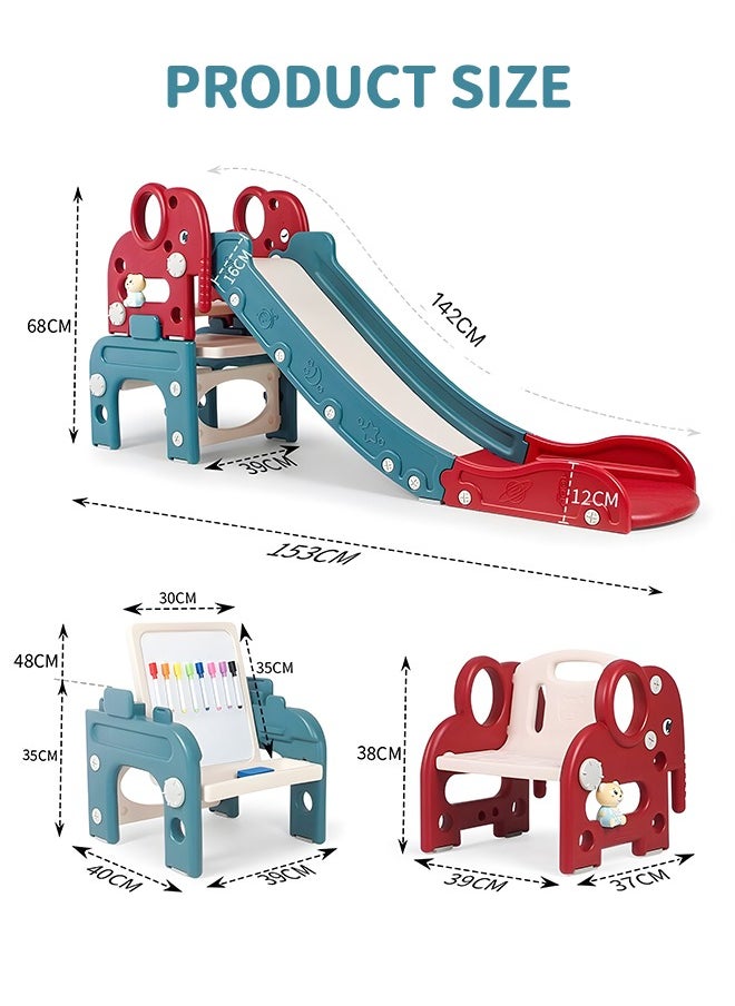 7-In-1 Kids Slide, Toddler Slide Climber Set with Basketball Hoop+Ball, Ring Game, Drawing Board/ Game Table+Brush Eraser, Seat, Dining Chair, Early Education Machine, Freestanding Kids Slide