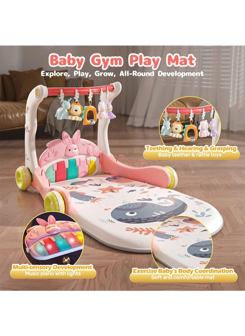 3 in 1 Baby Play Mat Gym, Kick and Play Piano Gym with Music Light, Activity Tummy Time Play mat with 5 Learning Sensory Toys, Infant Gifts for Newborn Baby Toddler 0-14 Months