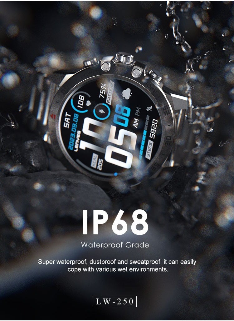 LENYES LW-250 Smart Watch , Business Smartwatch, lP68 Waterproof Fitness Watch, Bluetooth Calling, Compatible with Android and iOS, Smartwatch for Men, Zinc Alloy Vacuum Plating, Heart Rate Monitoring,Silver