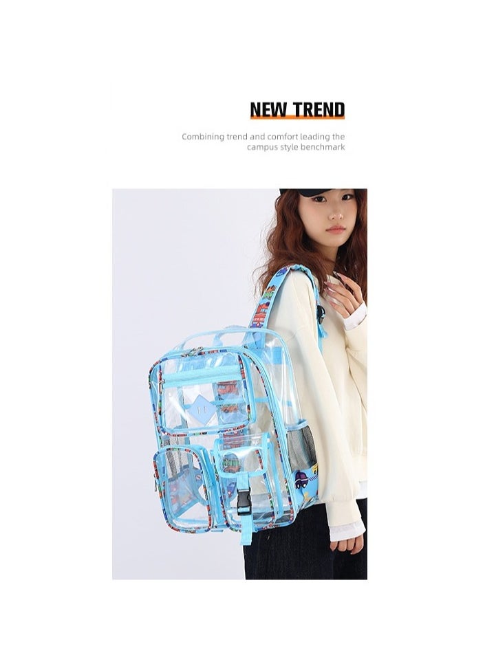 PVC Transparent Backpack Waterproof Colored Shoulder Strap Edging Large Capacity Senior Male and Female Students Colored Shoulder Strap Schoolbag 34*43*15CM