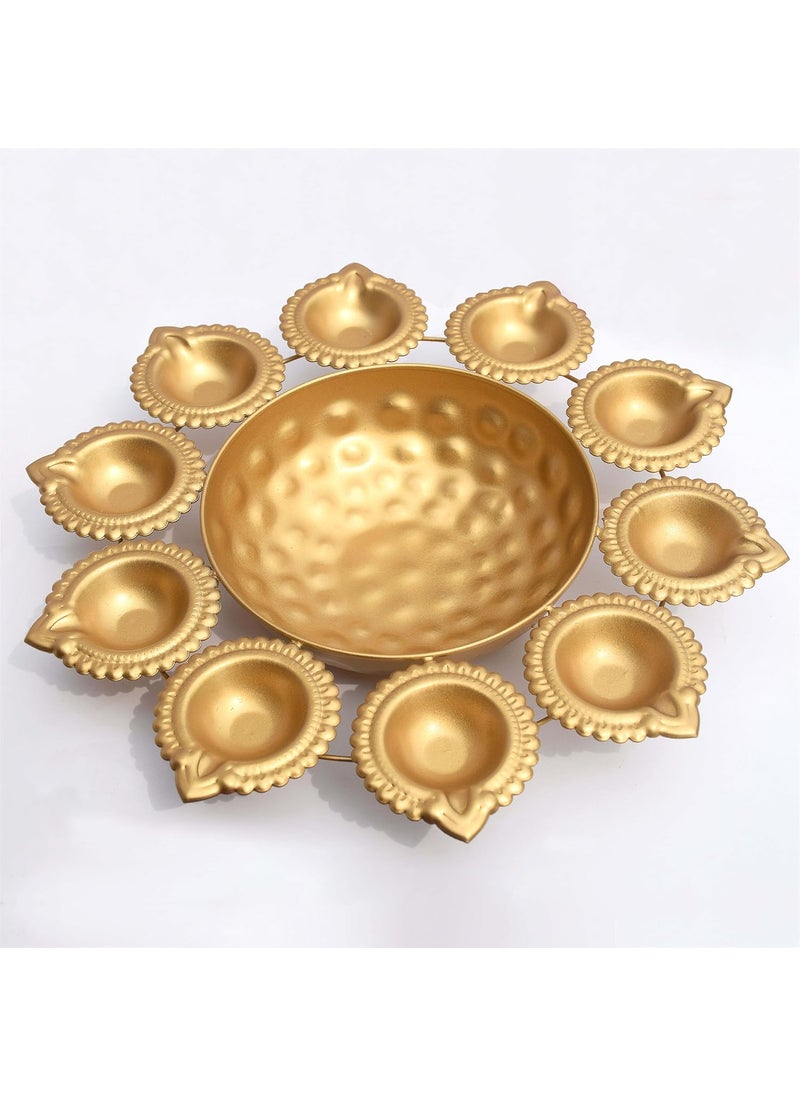 Pure Source India Metal Urli Bowl for Decoration Purpose, Floating Candles and Flowers Diwali & Festive Decor (Gold) (11.5 inch) (Small diya-10)