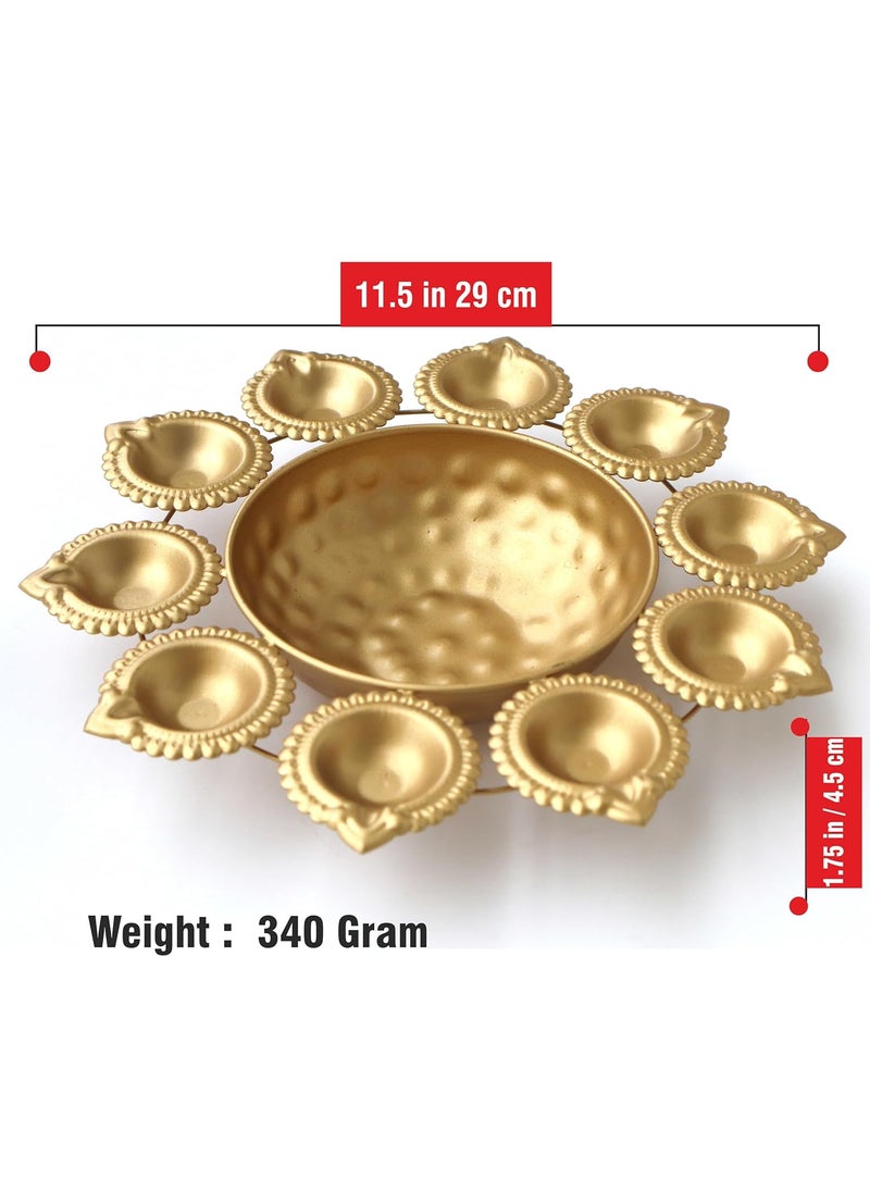 Pure Source India Metal Urli Bowl for Decoration Purpose, Floating Candles and Flowers Diwali & Festive Decor (Gold) (11.5 inch) (Small diya-10)