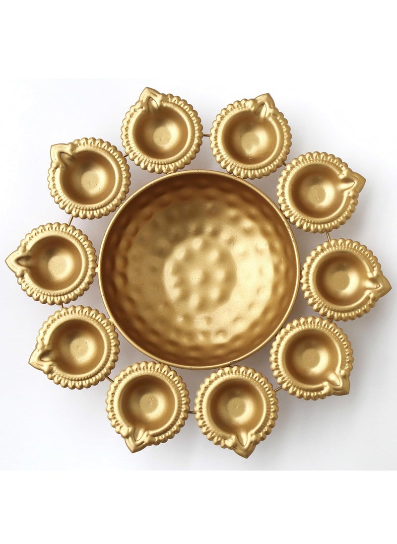Pure Source India Metal Urli Bowl for Decoration Purpose, Floating Candles and Flowers Diwali & Festive Decor (Gold) (11.5 inch) (Small diya-10)